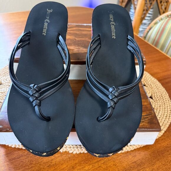 Juicy Couture Platform Black and Colorful Wedge Flip Flop Thong Sandals Size 9 - Picture 2 of 10